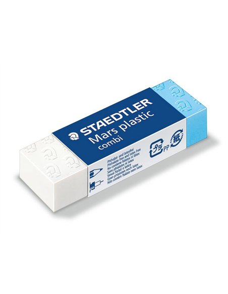 Gomme staedtler mars plastic combi 30x13x12mm sans latex pour l'encre de chine coloris blanc et bleu.