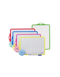 Kit ardoise blanche office plast 18,5x27,5cm quadrillee 1 face seyes 1 face unie cadre 5 coloris assortis.