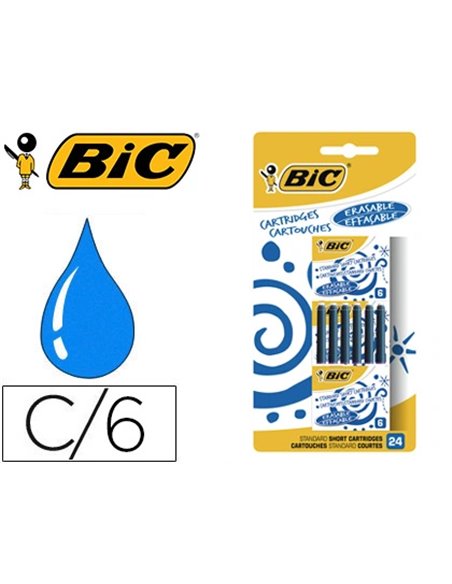 Cartouche courte bic effaçable standard encre couleur bleu blister de 24 unités.