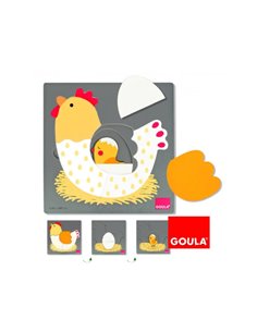 Puzzles evolutifs goula la poule sur 3 niveaux une poule un oeuf et un poussin 7 pieces et 1 support en bois.