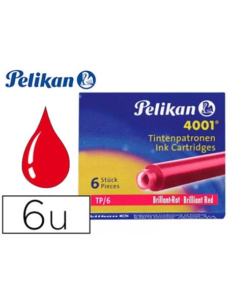 Cartouche pelikan courte standard rouge étui 6 unités.