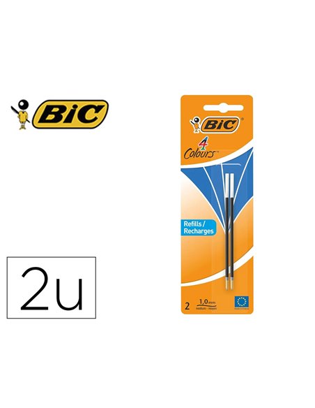 Recharge bic stylo 4 couleurs pointe 1mm trait 0,32mm coloris bleu blister 2 unites.