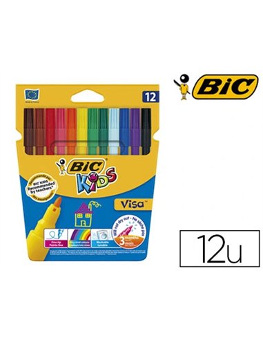 Feutre bic kids visa coloriage encre lavable capuchon ventilé pointe bloquée ultra-résistante étui carton 12 unités.
