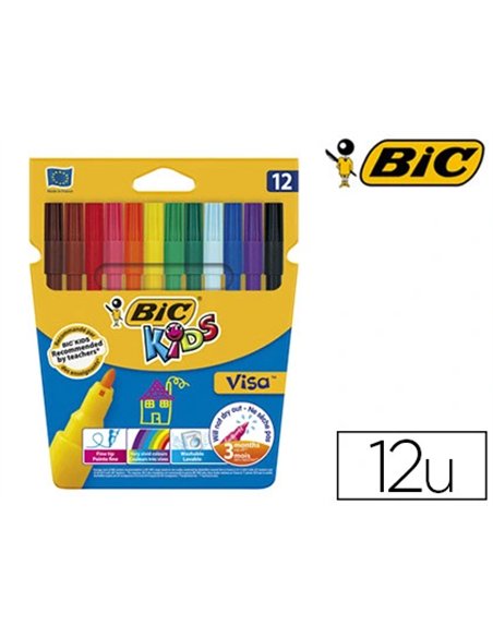 Feutre bic kids visa coloriage encre lavable capuchon ventilé pointe bloquée ultra-résistante étui carton 12 unités.