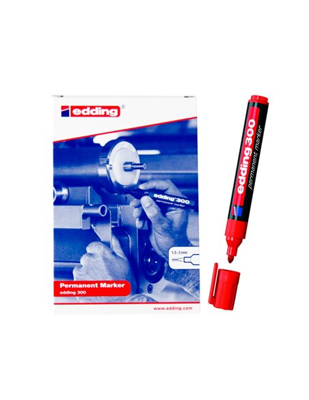 Marqueur edding permanent e300 pointe ogive tracé 1.5/3mm corps plastique coloris rouge.