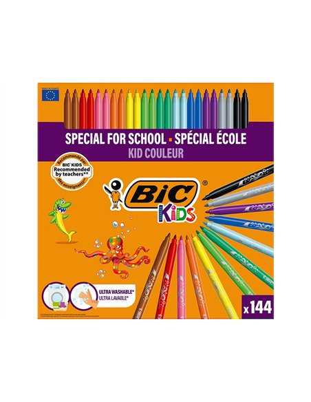 Feutre bic kids coloriage encre ultra-lavable capuchon ventilé pointe bloquée décor fantaisie pack scolaire 144 unités.