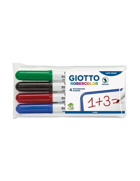 Marqueur giotto robercolor tableau blanc pointe medium ogive 4 mm encre effaçable couleurs assortis étui 4 unités.