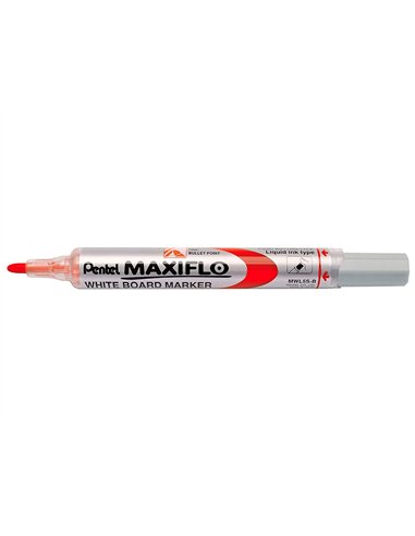 Marqueur pentel maxiflo effaçable tableau blanc pointe conique tracé 1,6mm écriture 1000m corps plastique recyclé rouge.