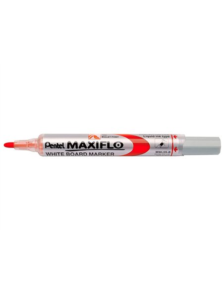 Marqueur pentel maxiflo effaçable tableau blanc pointe conique tracé 1,6mm écriture 1000m corps plastique recyclé rouge.