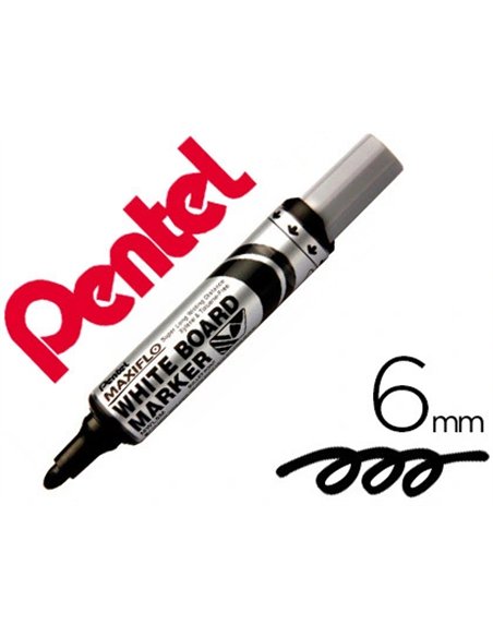 Marqueur pentel maxiflo effaçable tableau blanc pointe conique tracé 2,1mm écriture 1000m corps plastique recyclé noir.