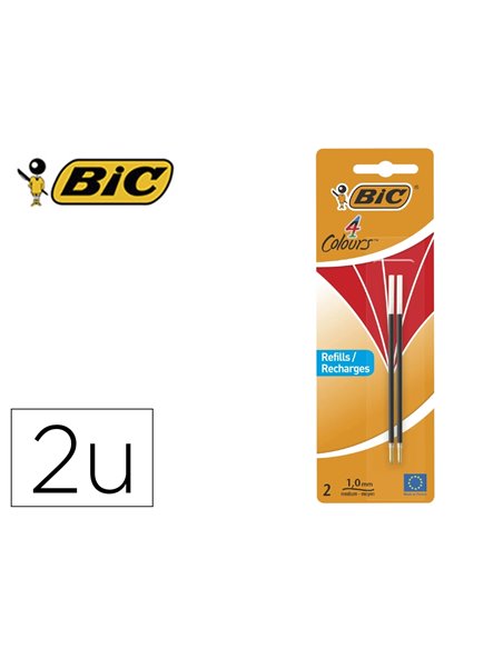 Recharge bic stylo 4 couleurs pointe 1mm trait 0,32mm coloris rouge blister 2 unites.