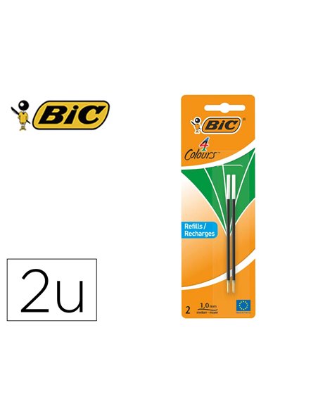 Recharge bic stylo 4 couleurs pointe 1mm trait 0,32mm coloris vert blister 2 unites.