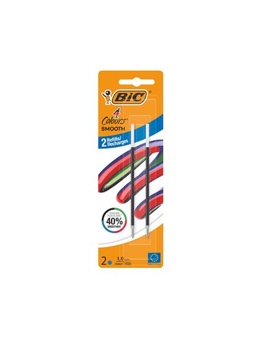 Recharge bic stylo-bille 4 couleurs smooth pointe moyenne 1mm encre bleue blister 2 unites.