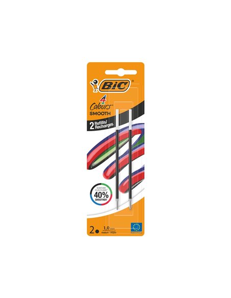 Recharge bic stylo-bille 4 couleurs smooth pointe moyenne 1mm encre noire blister 2 unites.
