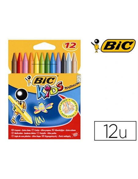 Crayon cire bic kids plastidécor 120mm résistant non salissant étui carton 12 unités.