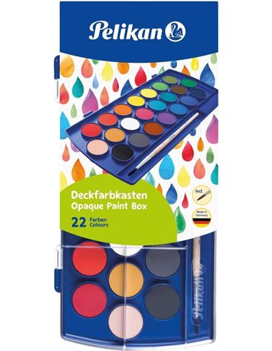 Aquarelles scolaires Pelikan - 22 couleurs - Faciles à diluer - Résistantes à la lumière - Comprend 1 pinceau
