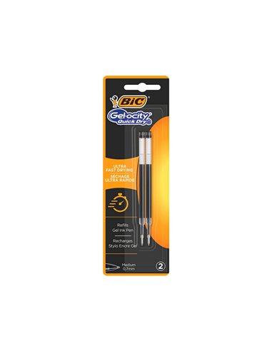 Recharge stylo gel bic gelocity quick dry pointe moyenne noir blister de 2.