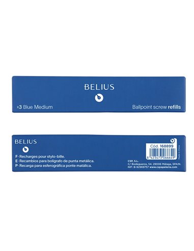 Recharge stylo-bille belius encre bleue pointe 0,8mm boite 3 unites.