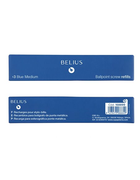 Recharge stylo-bille belius encre bleue pointe 0,8mm boite 3 unites.