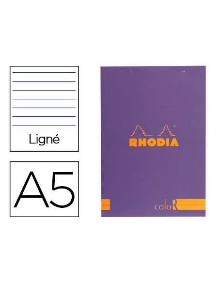 Bloc agrafé rhodia color n.16 a5 14.8x21cm couverture pelliculée violet 70f 90g ligné microperforé violet