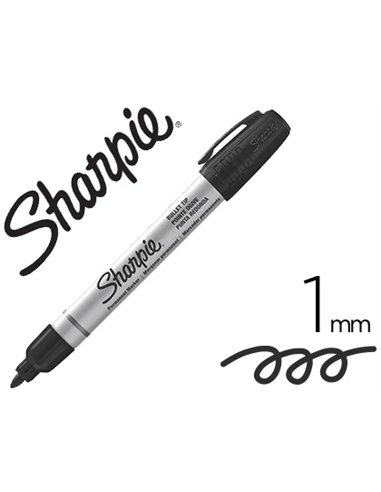 Marqueur sharpie permanent pointe ogive fine tracé 1mm corps métal coloris noir.