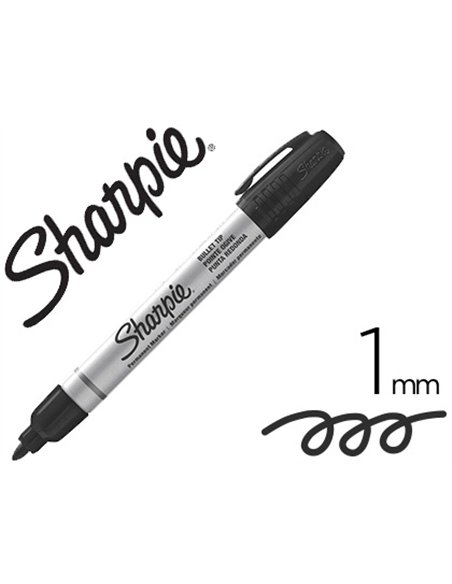 Marqueur sharpie permanent pointe ogive fine tracé 1mm corps métal coloris noir.
