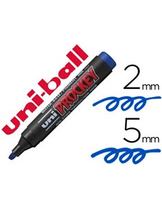 Marqueur uniball uni prockey permanent pointe biseautée encre inaltérable inodore corps plastique couleur bleu.