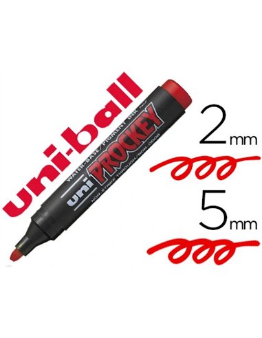 Marqueur uniball uni prockey permanent pointe biseautée tracé 2/5mm encre sans alcool corps plastique coloris rouge.