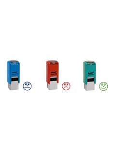 Tampon d'evaluation trodat smiley bois et caoutchouc eco 3 recharges pour tampon 4921 coloris bleu vert rouge.