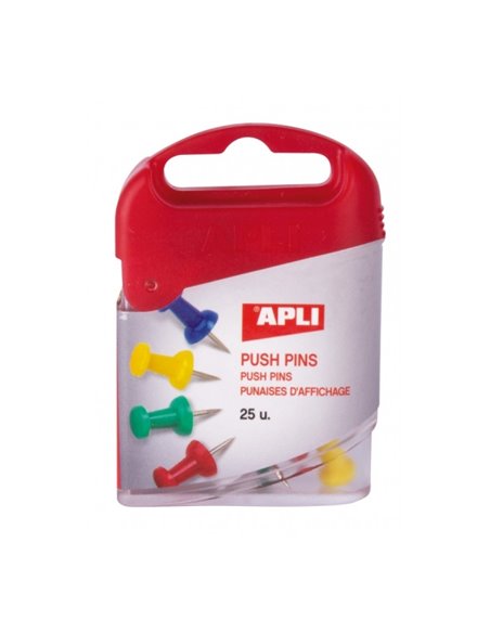 Boîte de 25 punaises Apli - Tête plastique - Pointe métal - Idéales pour cartes, liège, bois et travaux manuels - Couleurs assor