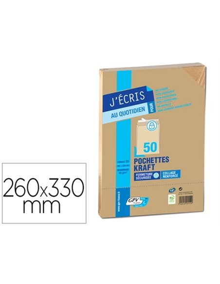 Pochette gpv kraft brun 90g silencieux auto-adhésive 260x330mm sachet 50 unités.
