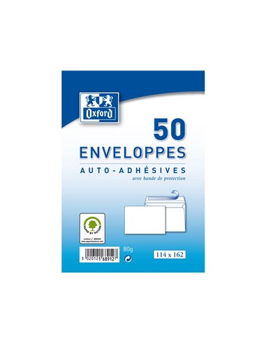 Enveloppes blanches oxford auto adhesives avec bande de protection 80 g 114x162 mm 50 unites.