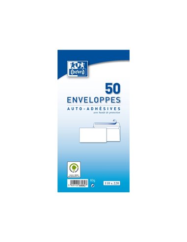 Enveloppes blanches oxford recycle auto adhesives avec bande de protection 80 g 110x220 mm 50 unites.