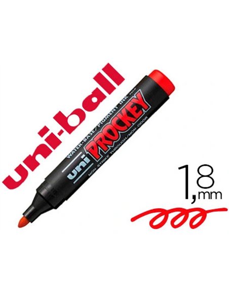 Marqueur uniball uni prockey permanent pointe ogive tracé 1.8mm encre sans alcool corps plastique coloris rouge.