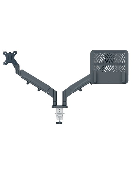 Bras porte-ecran leitz faible encombrement avec support ordinateur portable coloris gris.