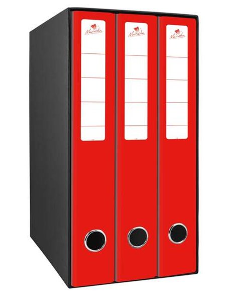 Module Mariola Box de 3 classeurs avec 2 anneaux de 40 mm - Dimensions 35 x 26 x 17 cm - Carton doublé - Couleur rouge