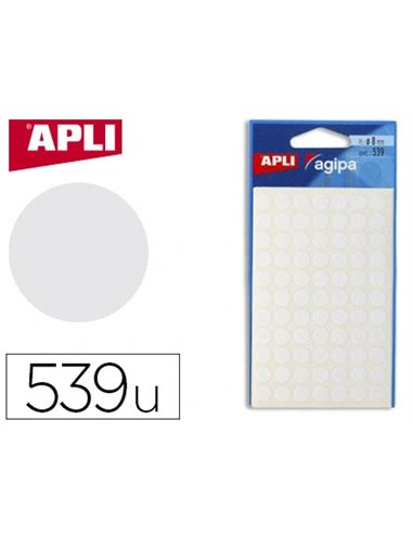 Pastille adhésive apli agipa diamètre 8mm permanente coloris blanc pochette 539 unités.
