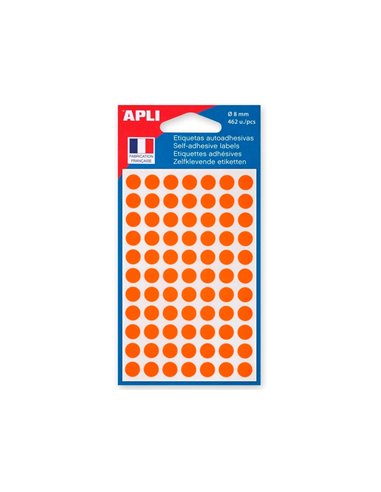 Pastille adhésive apli agipa diamètre 8mm permanente coloris orange pochette 462 unités.