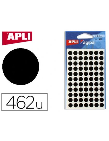Pastille adhésive apli agipa diamètre 8mm permanente coloris noir pochette 462 unités.