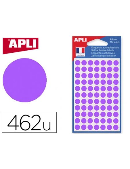Pastille adhésive apli agipa diamètre 8mm permanente coloris violet pochette 462 unités.
