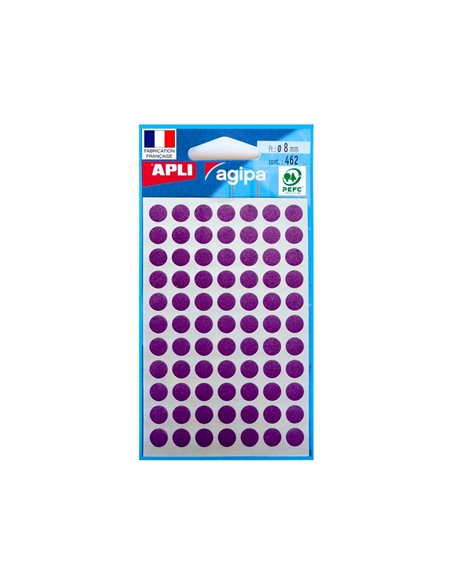 Pastille adhésive apli agipa diamètre 8mm permanente coloris violet pochette 462 unités.