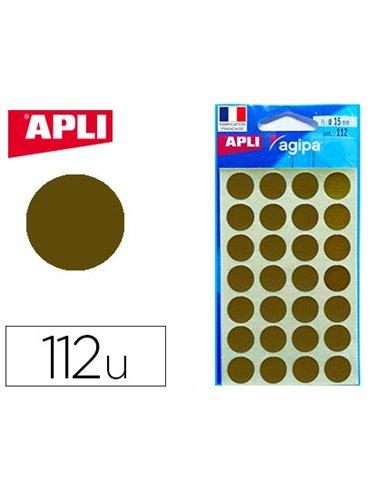 Pastille adhésive apli agipa diamètre 15mm permanente coloris or pochette 112 unités.