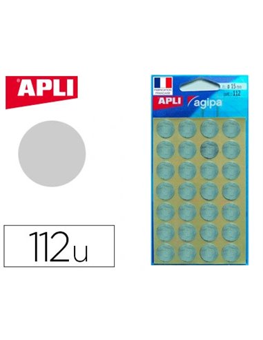 Pastille adhésive apli agipa diamètre 15mm permanente coloris argent pochette 112 unités.