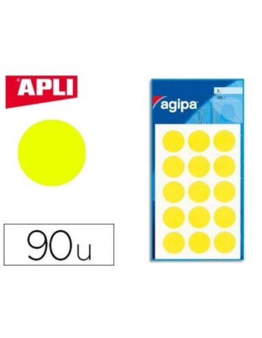 Pastille adhésive apli agipa diamètre 19mm permanente coloris jaune pochette 90 unités.