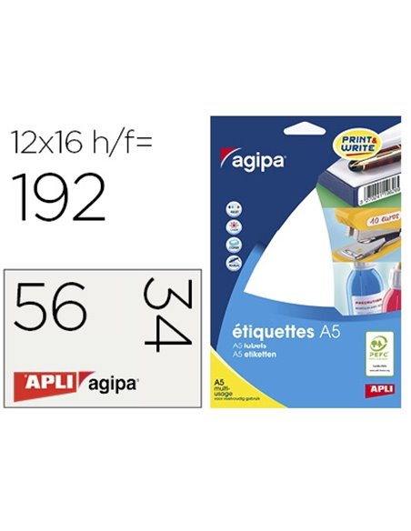 Étiquette adhésive apli agipa multi-usage 56x34mm laser jet d'encre formats paramétrés étui a5 192 unités.