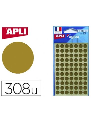Pastille adhésive apli agipa diamètre 8mm permanente coloris or pochette 308 unités.