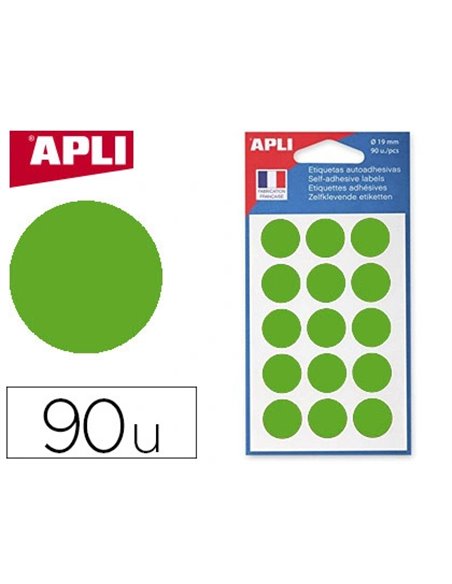 Pastille adhésive apli agipa diamètre 19mm permanente coloris vert pochette 90 unités.
