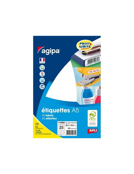 Étiquette adhésive apli agipa 38.5x26.5mm multiusage étui a5 400u.
