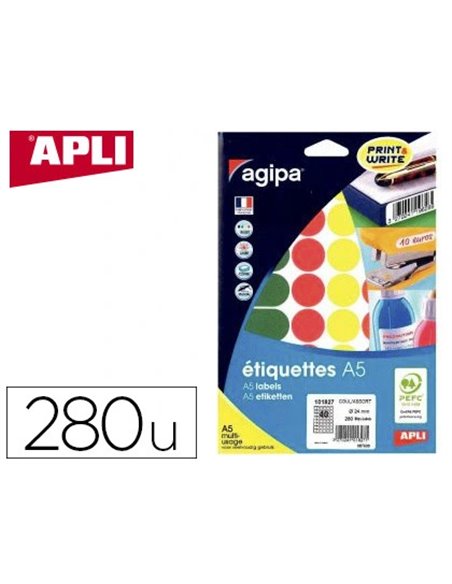 Pastille adhésive apli agipa diamètre 24mm coloris assortis pochette 280 unités.