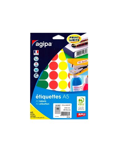 Pastille adhésive apli agipa diamètre 24mm coloris assortis pochette 280 unités.